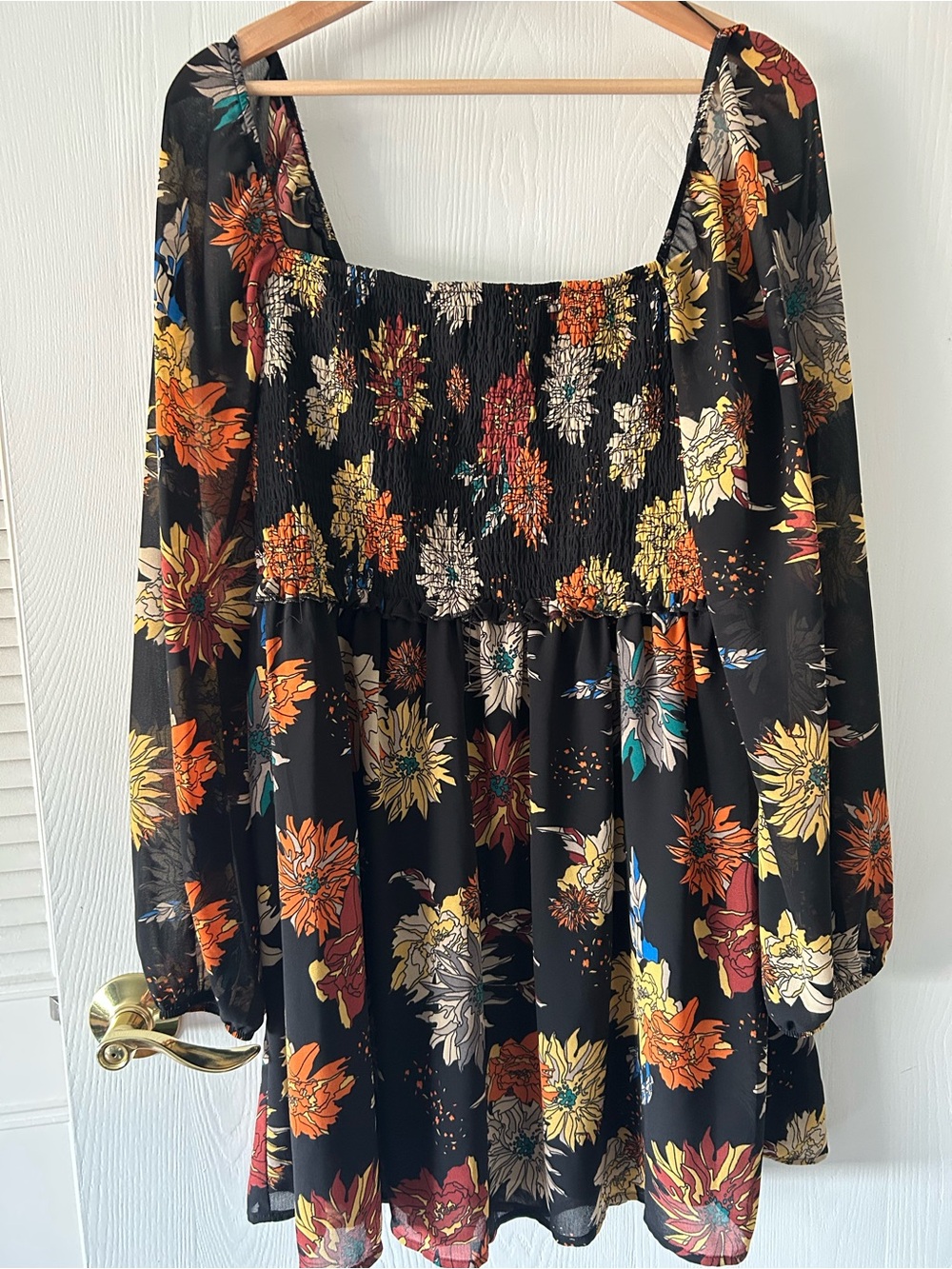 Revamped Black Floral Smocked Dress with Orange, Cream & Teal Blooms